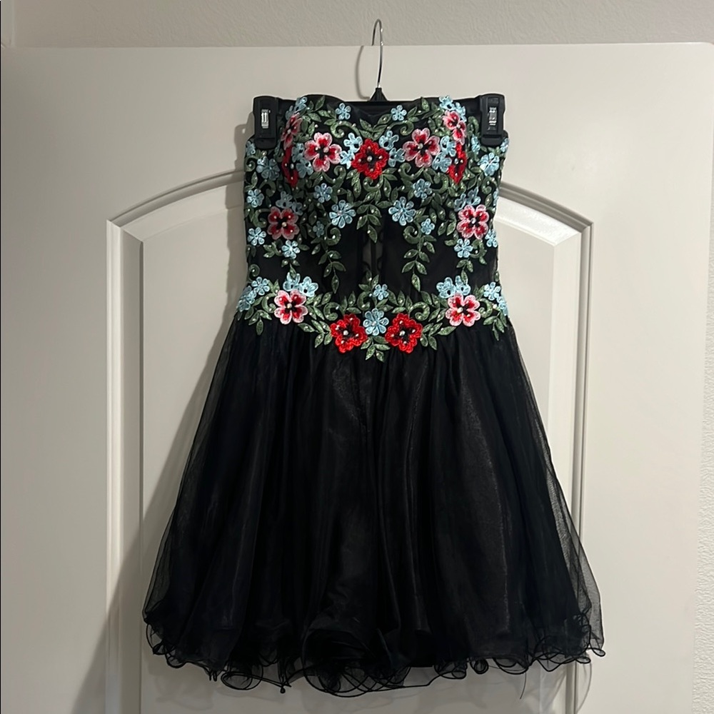 Blondie Nites Black Strapless Cocktail Dress with Red Floral Embroidery